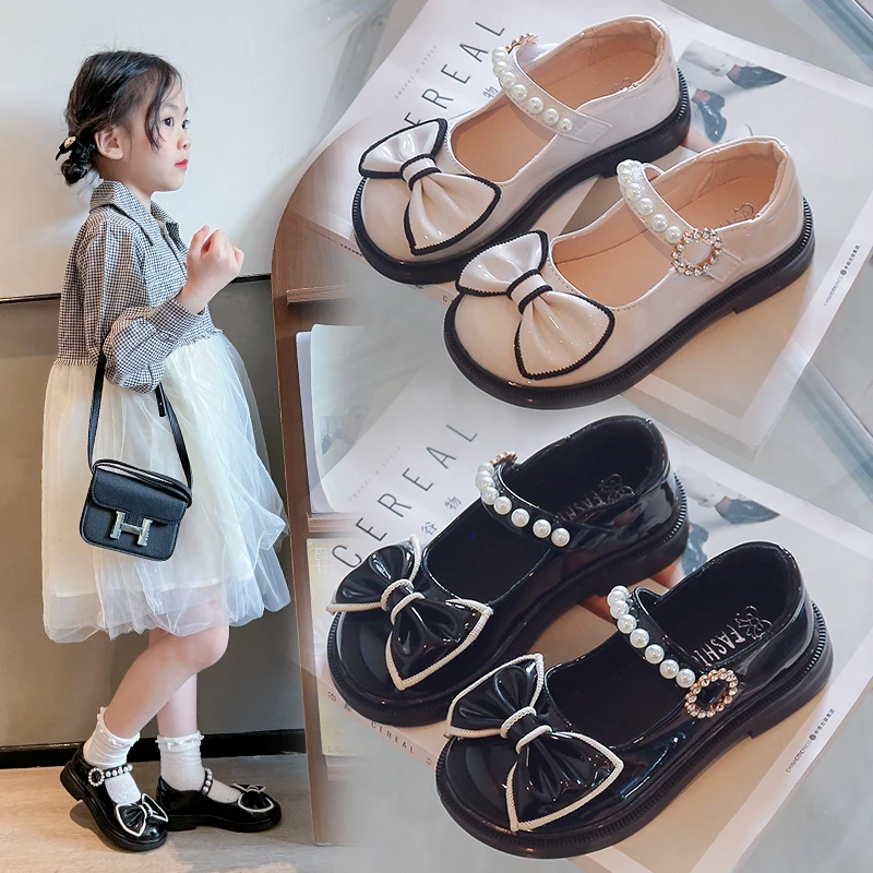 

Girls Ankle Strap Leather Shoes 2025 New Autumn Toddler Dress Shoes with Shiny Bow Soft Sole Classic Princess Girls Party Flats