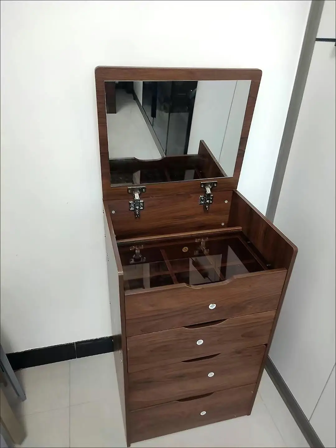Compact Walnut 3-in-1 Vanity Desk with Top Mirror, Glass Surface & 3 Drawers - Stylish Dressing Table for bedroom
