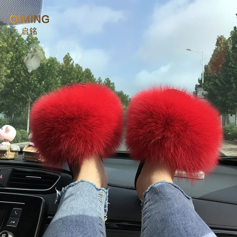 Verão Real Fur Slippers Senhoras Interior Furry Fur Flip Flops Mulheres Plush Fox Fur Slides Para As Mulheres Casa Sapatos Mulher Chinelo Praia