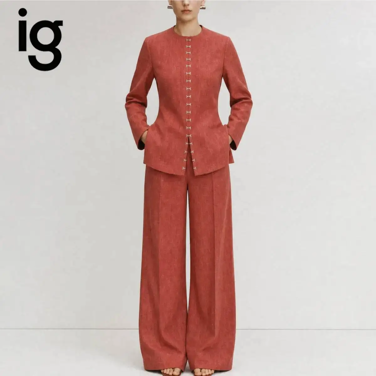 Women 2Piece Linen Suit Round Neck Long Sleeve Jacket Vertical Front Metal Hook Decor Wide Leg Pants Elegant Matching Outfit Set
