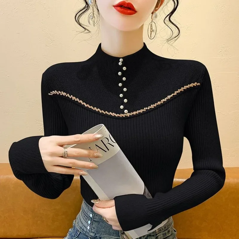 2024 Autumn New Fashion Beaded Knitted Sweater Pullover Long-sleeved Femininity Slim-fitting Semi-turtleneck Chic Top