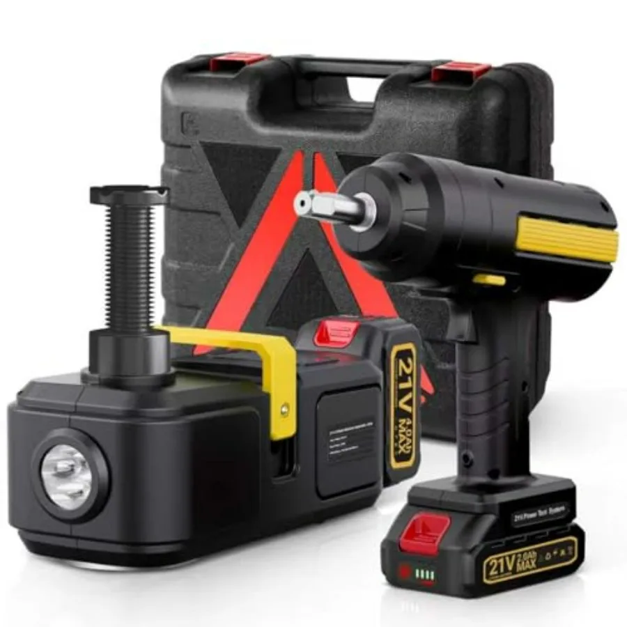 

Powerful Electric Car Jack and Stand Kit - Cordless Hydraulic Lift with LCD Touch Screen Lithium Battery and Portable Impact Wr