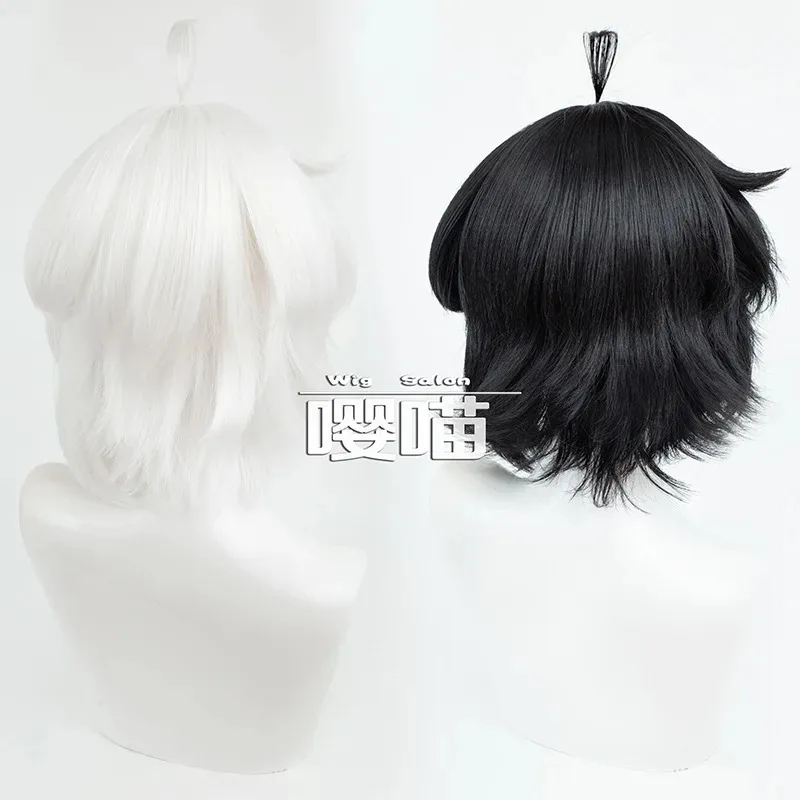 CyLuo Xiaohei Hei أنيمي أسطورة LUOXIAOHEI تأثيري أسود أبيض شعر مستعار الدعامة الشعر القصير القط كوس هدايا حفلات الهالوين كرنفال