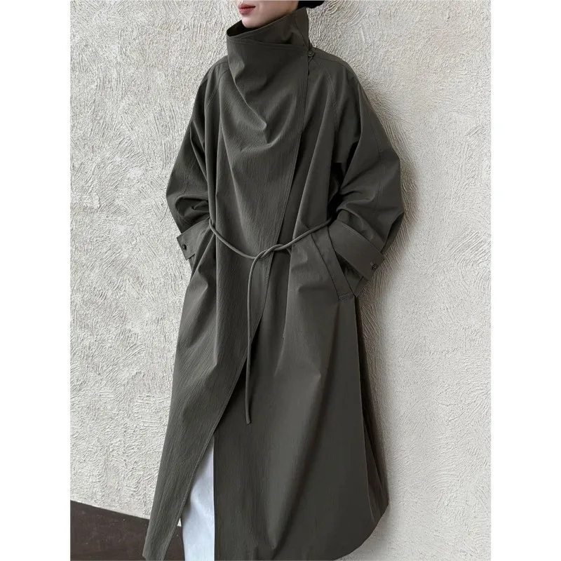 

Women Spring Autumn New Retro Lace-up Midi Casual Korean Loose Trench Coats British Style Stand-up Collar Trench Coat 2026
