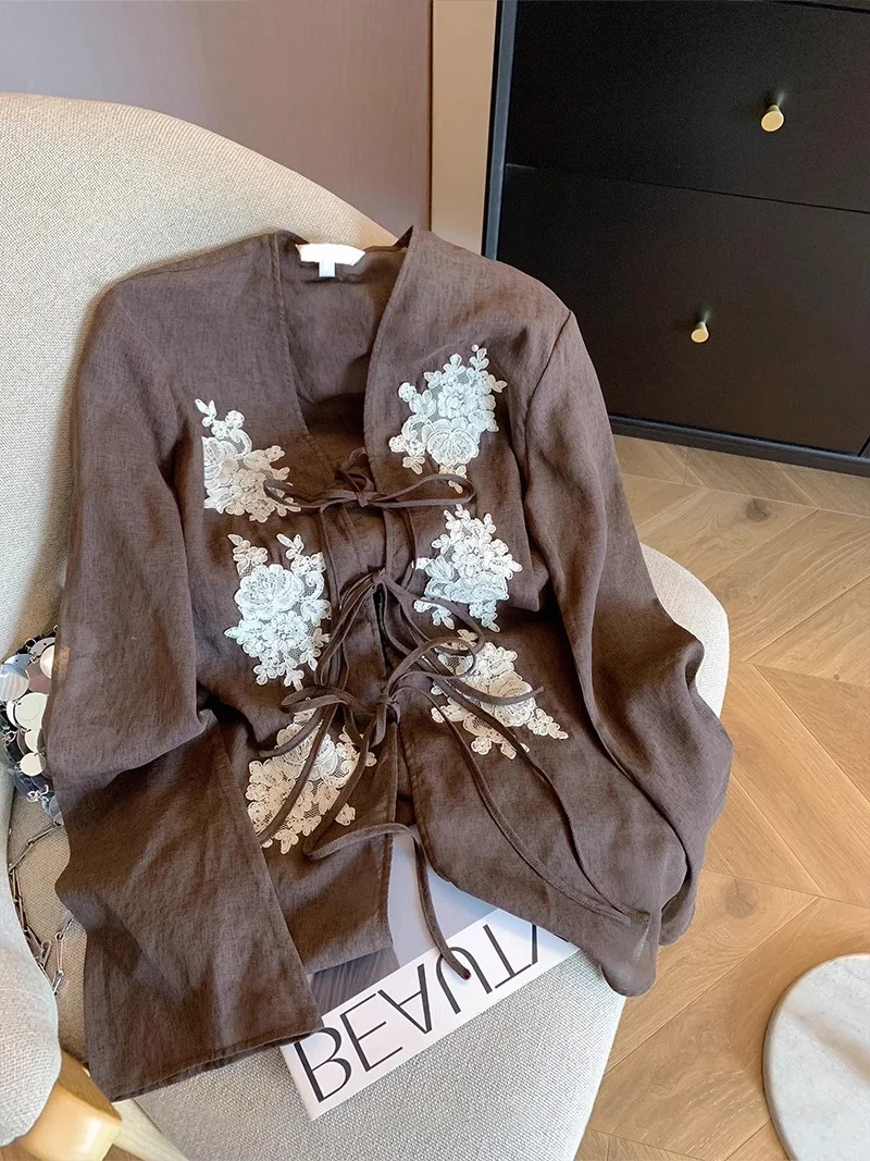 American Sle Rebites Retro Lace Bordado Cinto V-ne Dr irt Mulheres Verão Sensation de Alta Precisão Solto Combinável Bel...