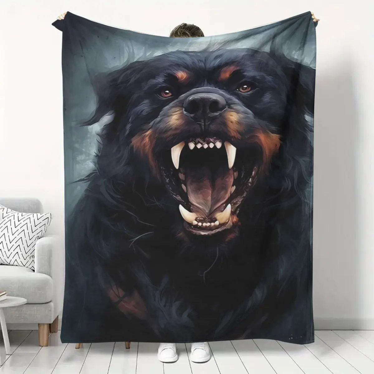 Premium Dog Art Throw Blanket for Couch Sofa Decor Pet Lover Gift Masculine Guard Canine Snarling Print Fuzzy Cozy Throw Rug
