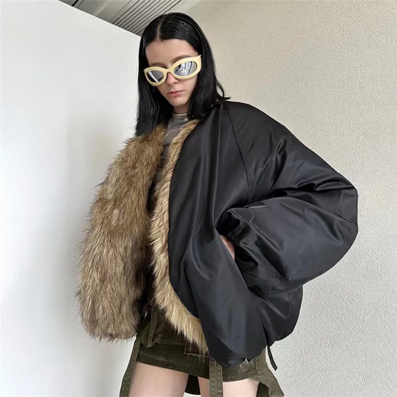 Patchwork Black Furry Jacket Fluffy Cardigans Plush Coat with Faux Fox Collar Warm Thick Street Stylish Lapel Fur Jackets Casual