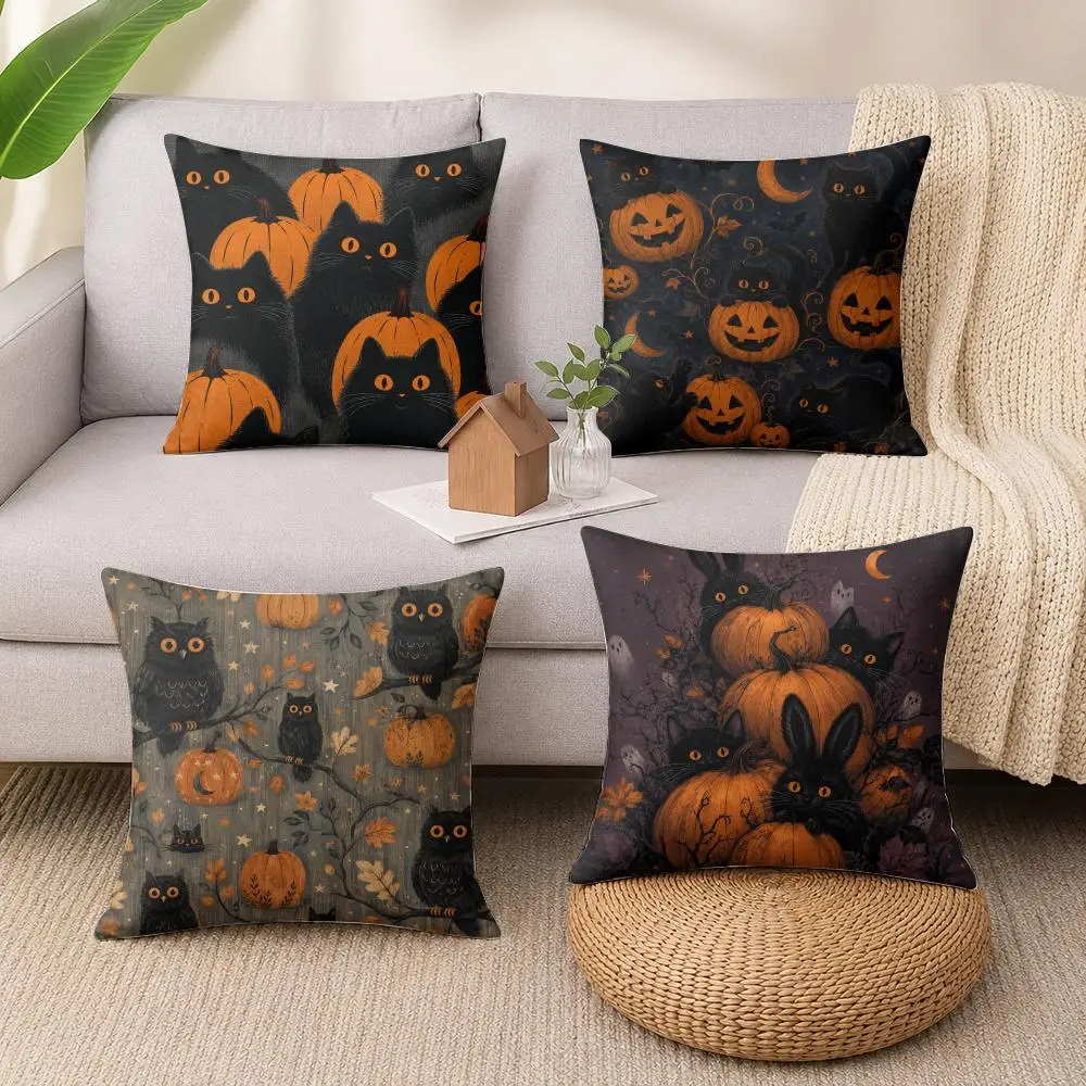 Midnight Pumpkin Cats Cushion Cover Luxury Soft Plush Short Fur Cushion Case Warm Cozy Sofa Bed Decorative Home Accent