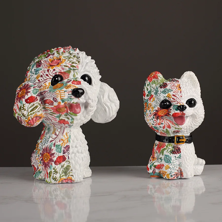 Light Luxury Creative Printed Poodle Shiba Inu Figurine Cute Decor for Living Room TV Stand Entryway Wine Cabinet Home Ornament