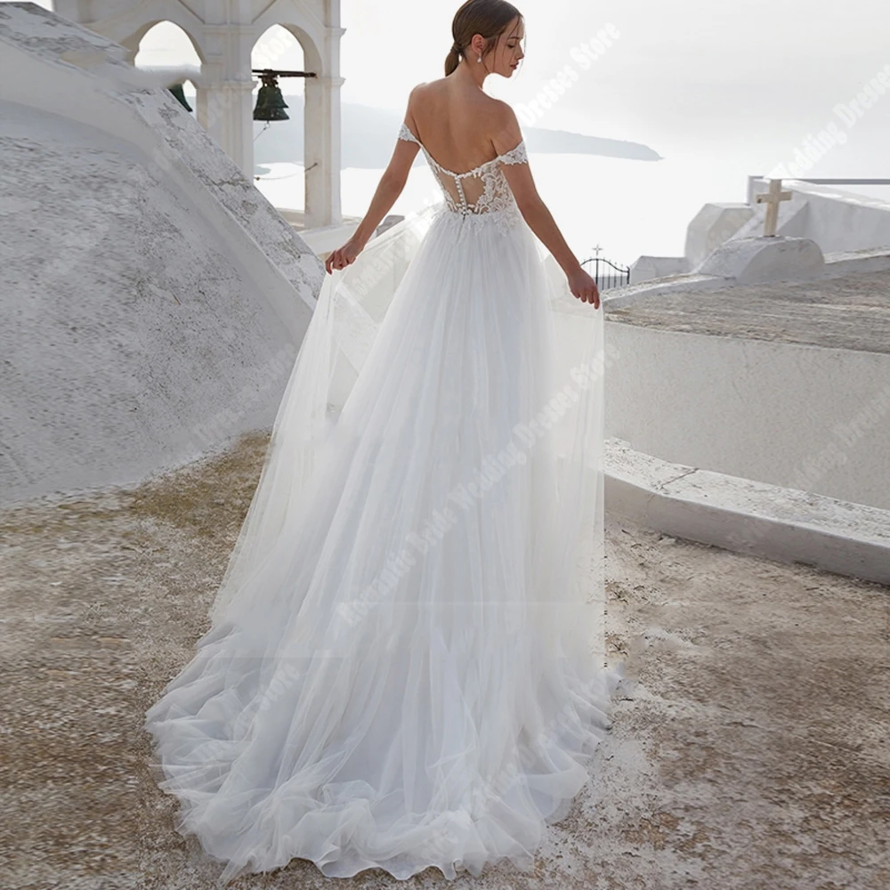 ปิดไหล่ V คอผู้หญิงชุดแต่งงาน Bright Tulle ชุดเจ้าสาว Mopping ความยาวแขนกุด Vestidos De Novias ที่กําหนดเอง