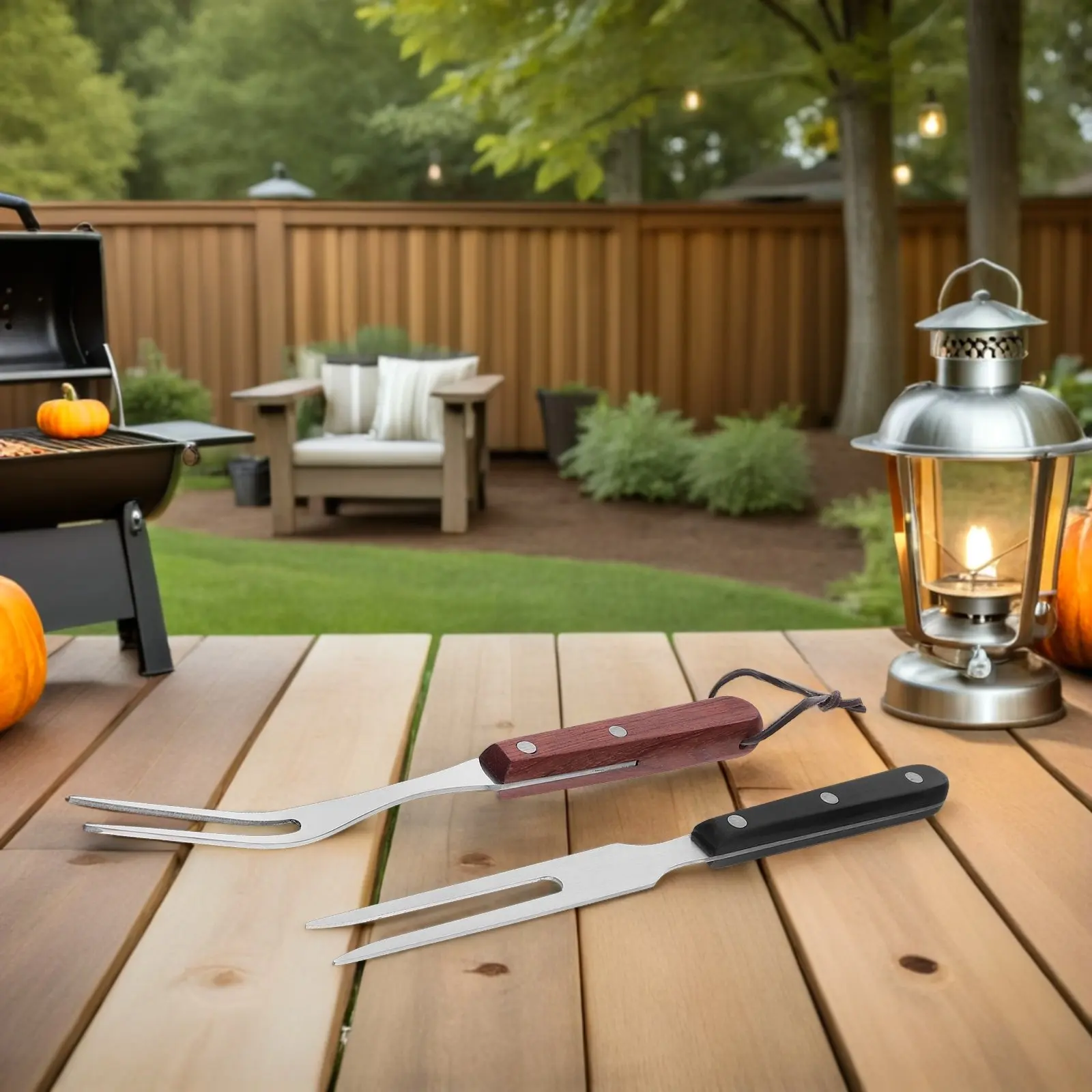2Pcs Bbq Grill Forks Stainless Steel Anti-Scalding Wood Handle Outdoor Meat Lifting Roasting Serving Tool Bbq Meat Hook Flipper