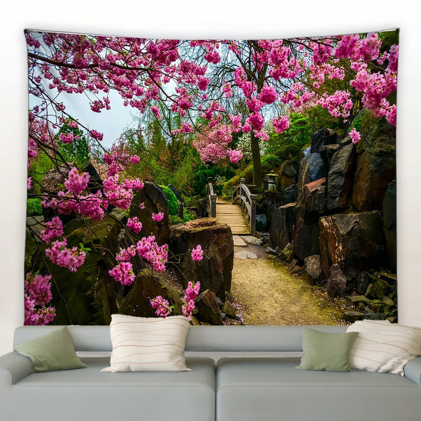 Spring scenery forest waterfall arch bridge seaside town scenery wall hanging living room garden home decoration tapestry