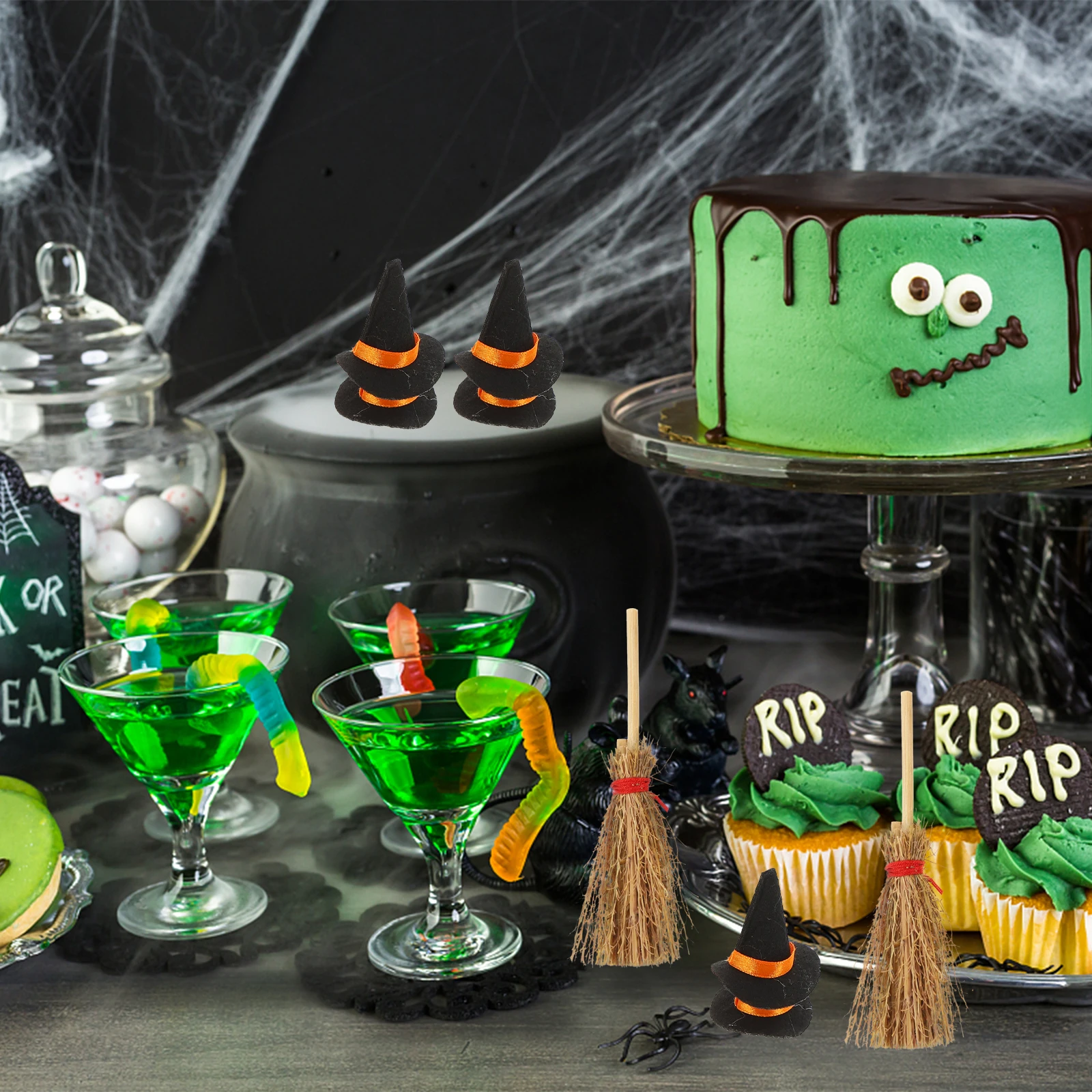 Hat and Broom Set Tiny Halloween Decorations for Crafts Party Favors Housewarming Gifts