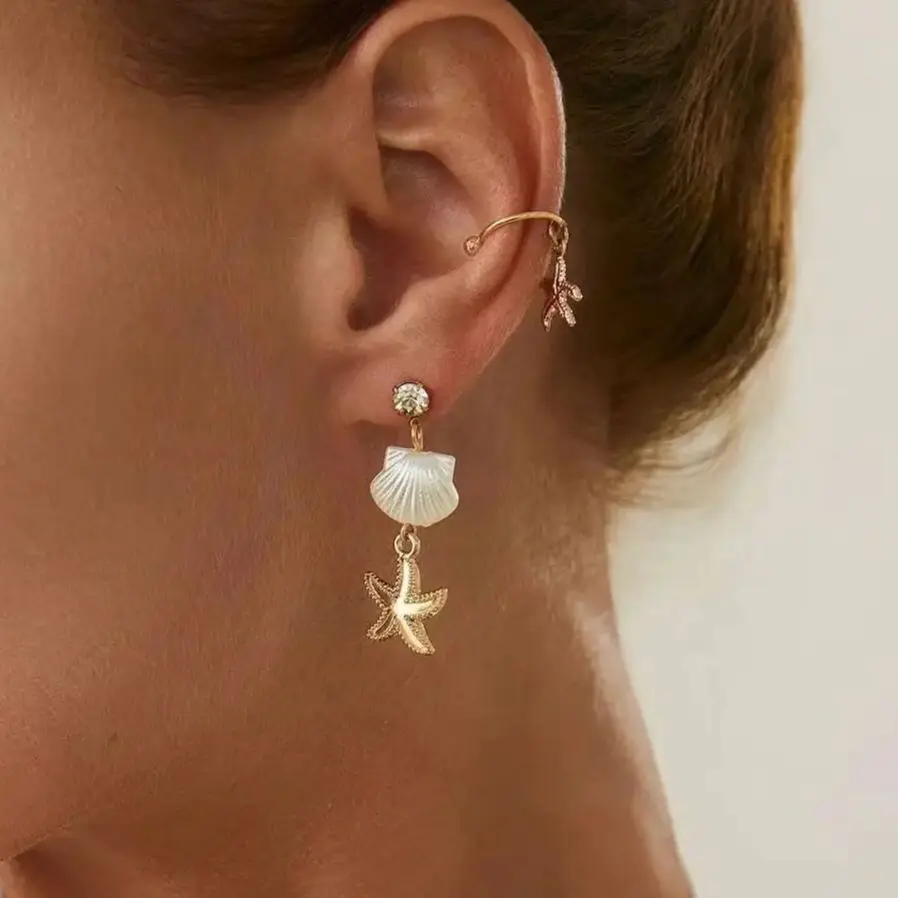 

SHIXIN 4 Pcs/Set Bohemian Starfish Scallop Turtle Drop Earrings for Women Trendy Rhinestone Imitation Pearl Pendant Earrings