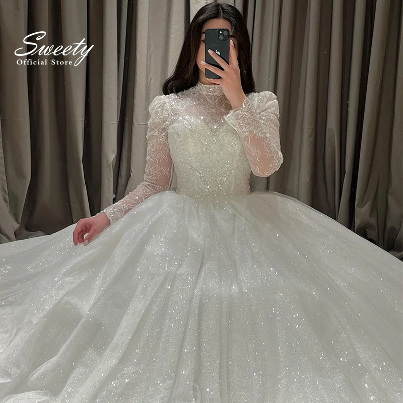 Abito da sposa di lusso con perline con ricamo in pizzo con paillettes Abito da ballo a maniche lunghe con collo alto Abito da sposa Robe De Mariee