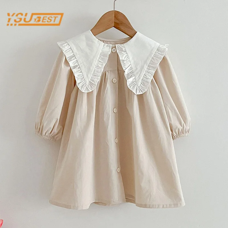 Spring Kids Baby Girls Long Sleeve Sweet Doll Collar Solid Color Princess Dress Autumn Baby Girls Dress Children Clothes Dress