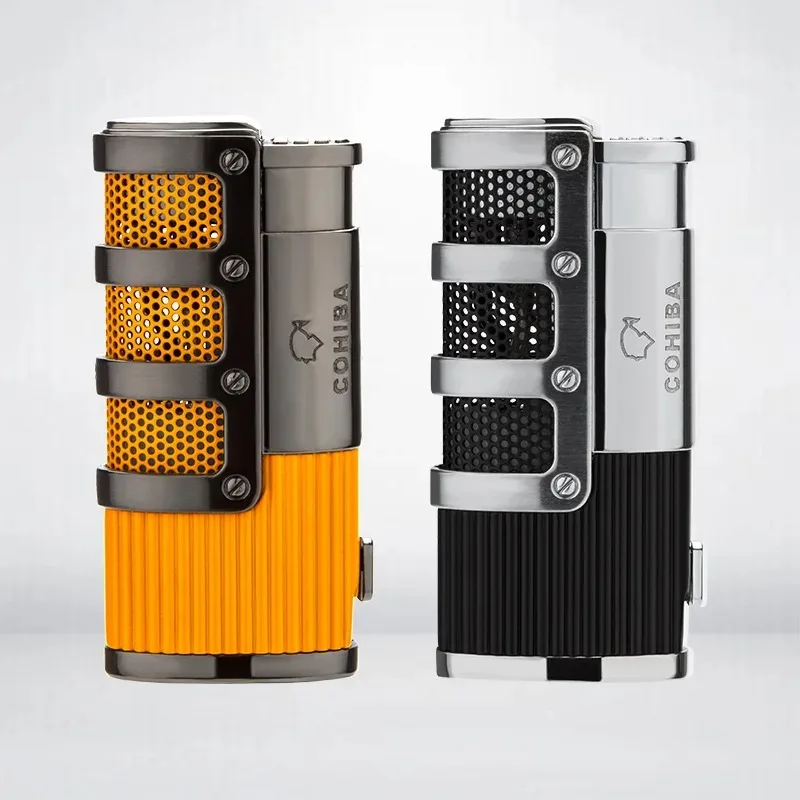 COHIBA Blue Flame Triple Direct Stroke Windproof Cigar Lighter Outdoor Camping BBQ Cooking Metal Turbo Gas Lighter Gift