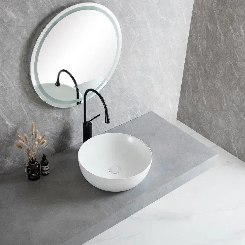 Luxury White Round Ceramic Art Basin with Silver Faucet & Drain, Modern Bathroom Countertop Sink for Hotel Home Decoration
