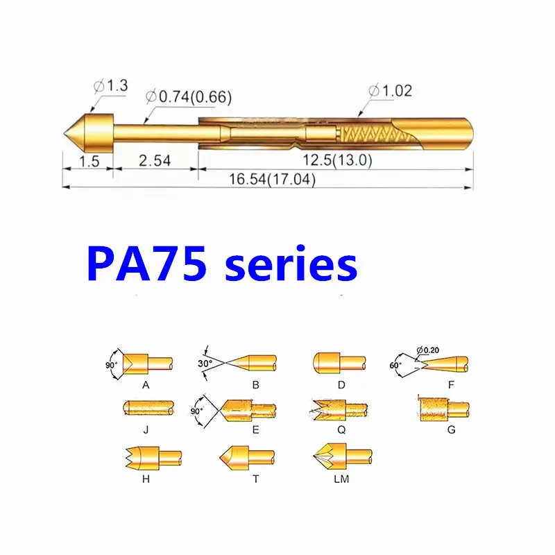 

100PCS/Bag Gold Plated Spring Test Pin PA75-A2 B1 E2 H2 J1 Q1 Q2 T2 LM2 G2 F1 Outer Diameter 1.02mm Length 16.5mm PCB Probe