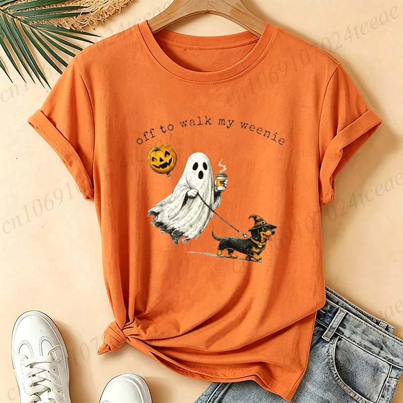 Off To Walk My Weenie Print Women's T-Shirts Short Sleeve Tees Dachshund Ghost Dog Print T-Shirts Spooky Weenie Dog Shirts Gifts