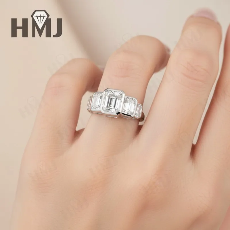 خمسة خاتم قطع الزمرد مع 4.6CT D اللون مويسانيتي الماس 10k 14k 18K مطلية بالذهب 925 الفضة للخطوبة الزفاف غرامة Jewely #6