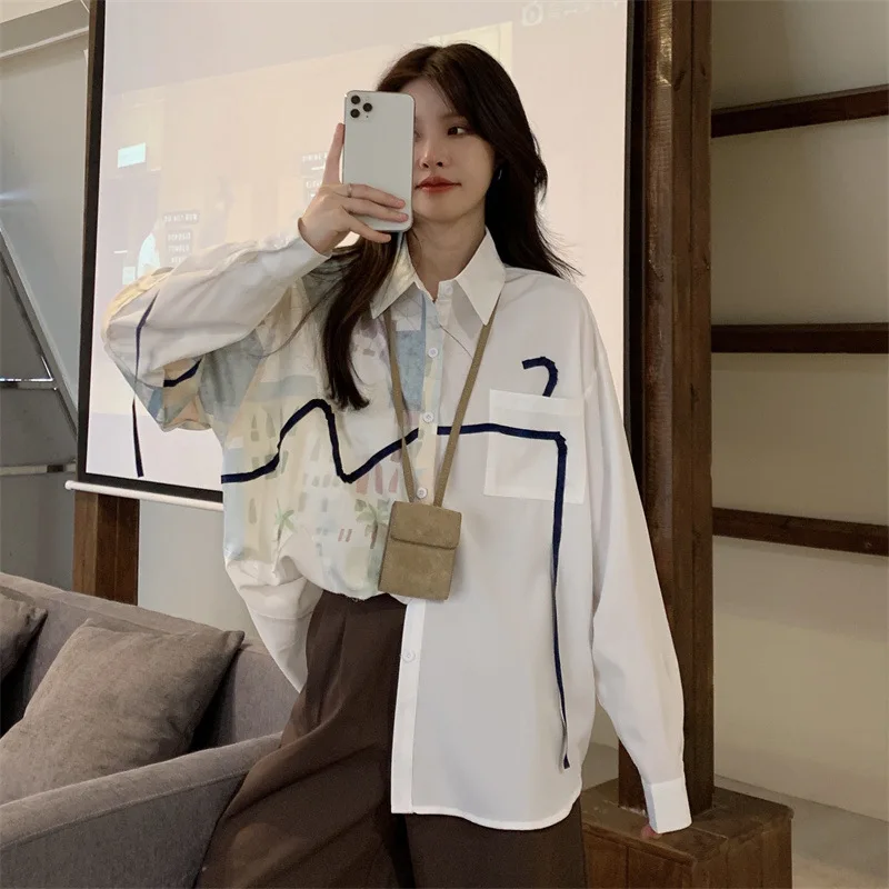 

Рубашки в стиле ретро, осенние женские рубашки во французском стиле, уличная одежда с принтом, модные офисные женские рубашки, мешковатые, повседневные, стильные, шикарные