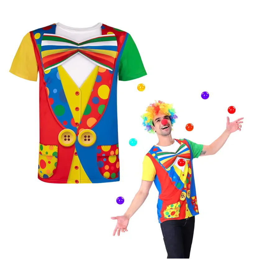 

Adult men's clown costumes, carnival circus men's T-shirts, Halloween party role-playing costumes, fun and humorous stage perfor