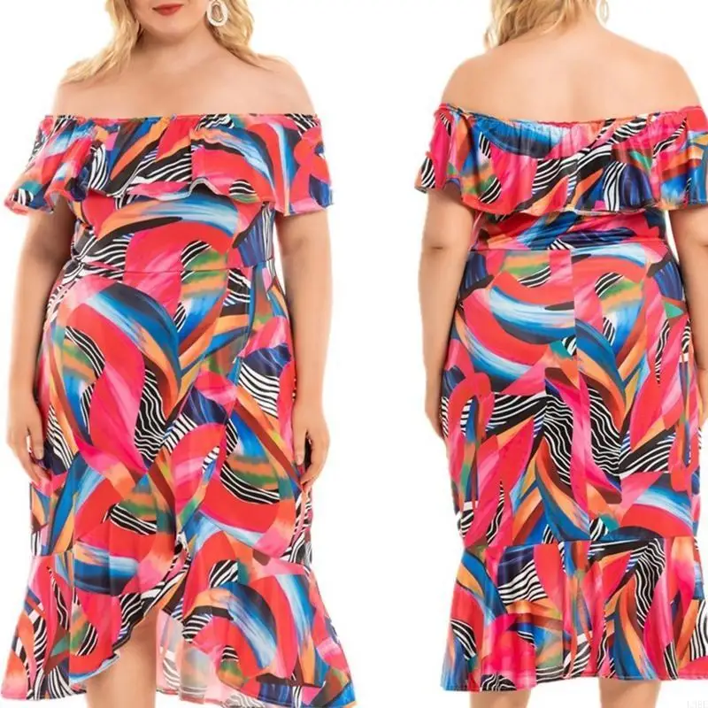 

L38E Винтажное платье большого размера с рюшами и открытыми плечами, женское летнее платье с цветочным принтом XL-5XL