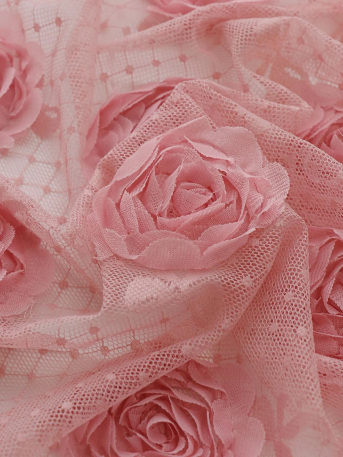 Pink 3D Rose Embroidery Mesh Lace Fabric for Wedding Dress Designer Fabric By The Meter