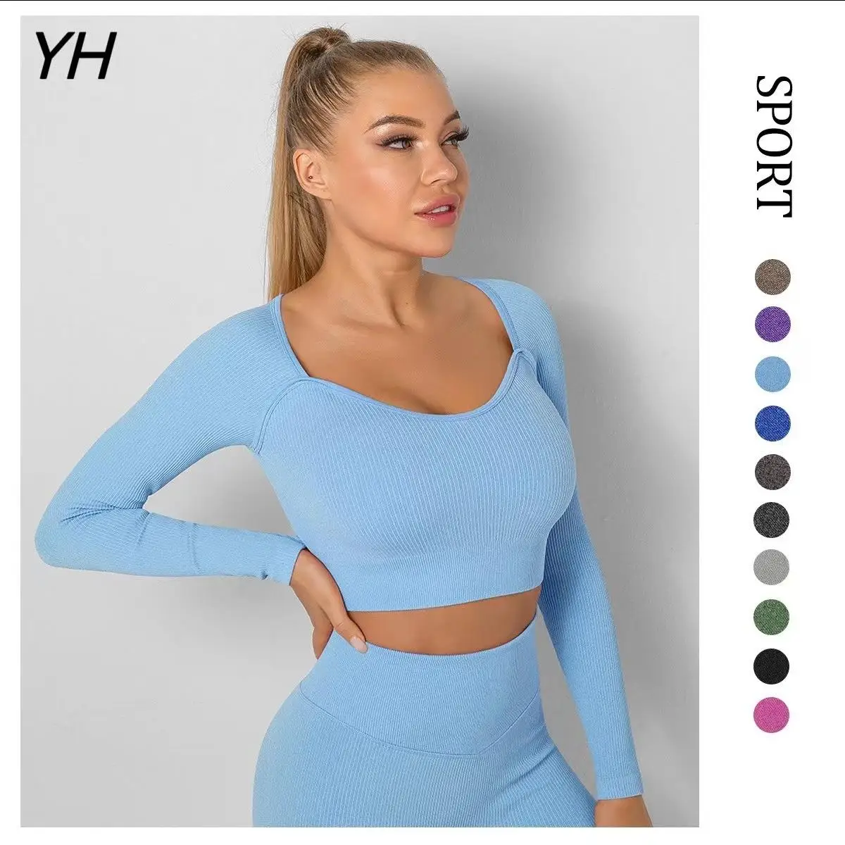 Ribbed Seamless Women Sports Bra Shockproof Crop Top Gym Shirt Long Sleeve Fitness Yoga Top Running Sport Tops Short Sleev