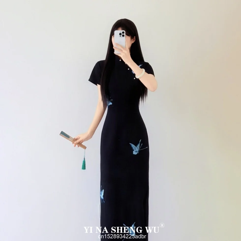 Butterfly Modified Cheongsam Embroidered Girlish Temperament Slim and Slim Daily Black Dress Chinese Style