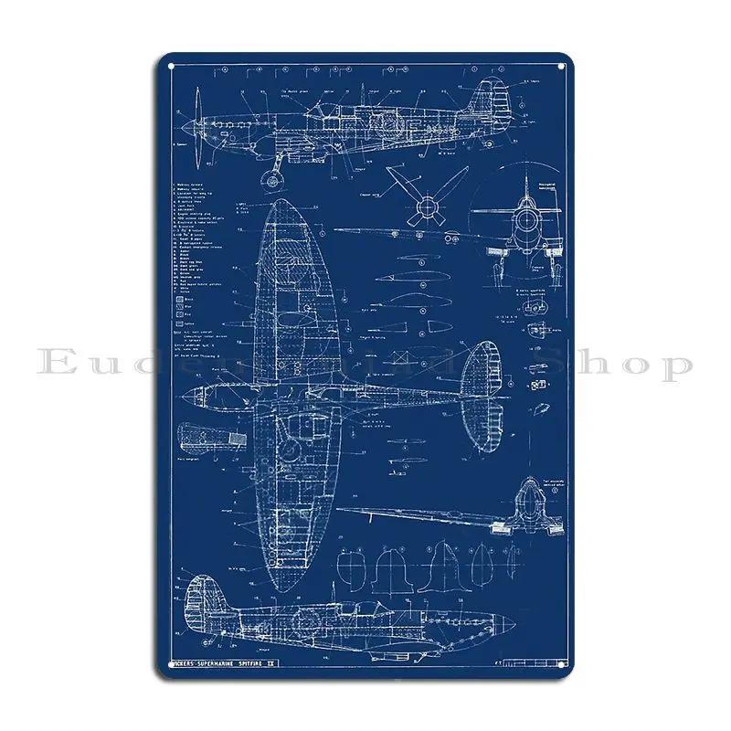 Supermarine Spitfire Blueprint Wwii Raf Fighter Airplane Design Metal Signs Bar Cave Design Club Create Club Bar Tin Sign Poster