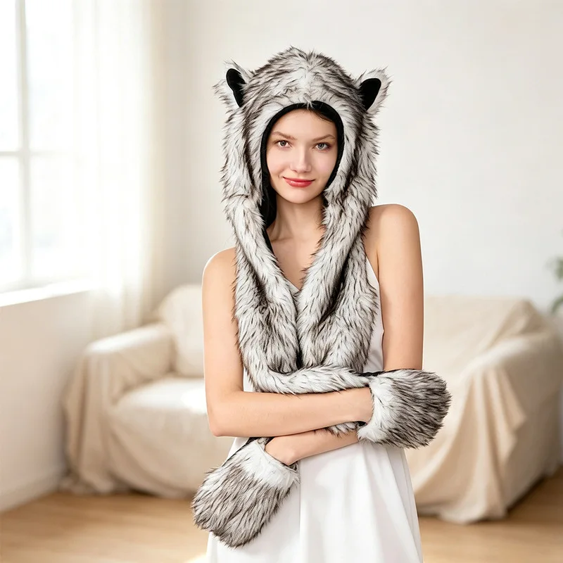 Leopard print fur , plush cartoon animal hat, thickened warm scarf and gloves set