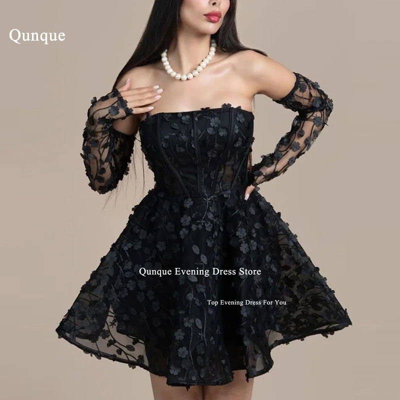 

Qunque Classic Black Prom Dresses 2024 Tulle Short Lace Appliques Fluffy Vestido De Graduación Vestidos Para Eventos Especiales