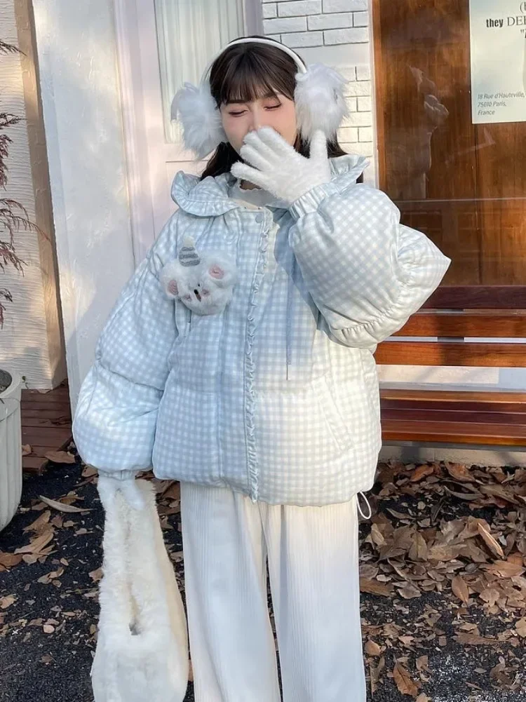 Parka matelassurera à carreaux bleu ciel pour femme, manteau épais, veste matelassurera, bord à volants, capuche, style Lolita Sweet, Mori Girl, hiver