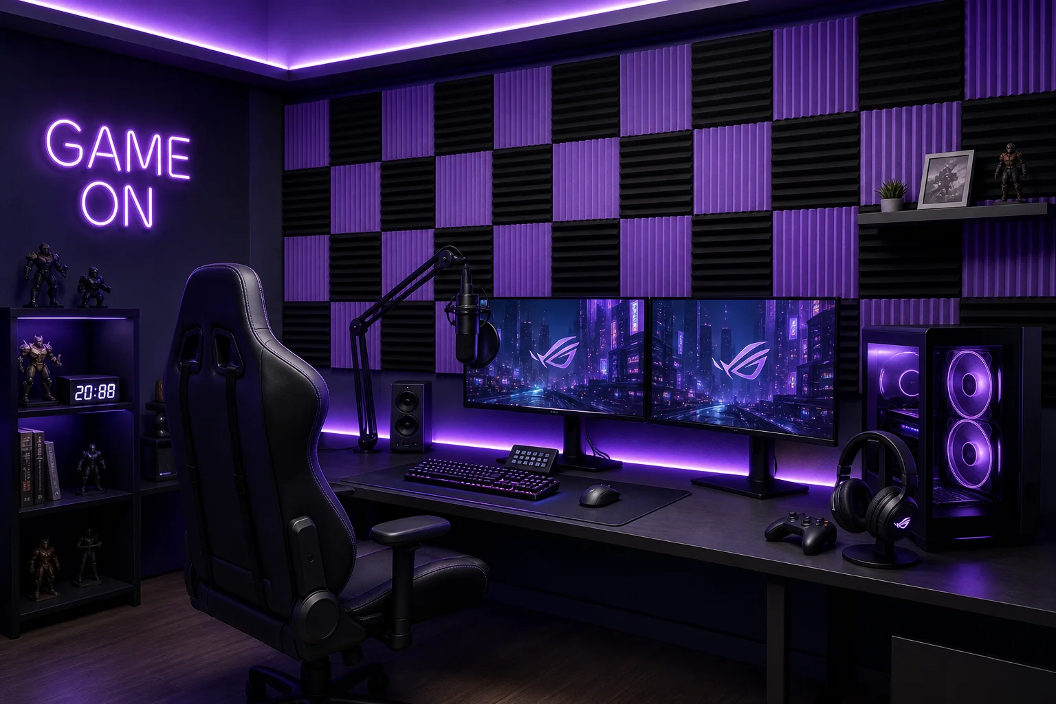 52Pcs Black Purple Sound Absorbing Acoustic Foam Panels Equipped Double Sided Adhesive Tape Sound Insulation Sponge for Recording Studio E-sports Gaming Room Broadcast Hall