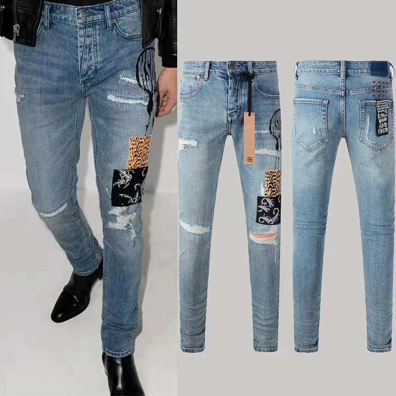 2024 Fashion Brand KSUBI Cross Jeans Men Ripped Slim Pants American High Street Scorpion Stick Fabric Low-rise Stretch Jeans