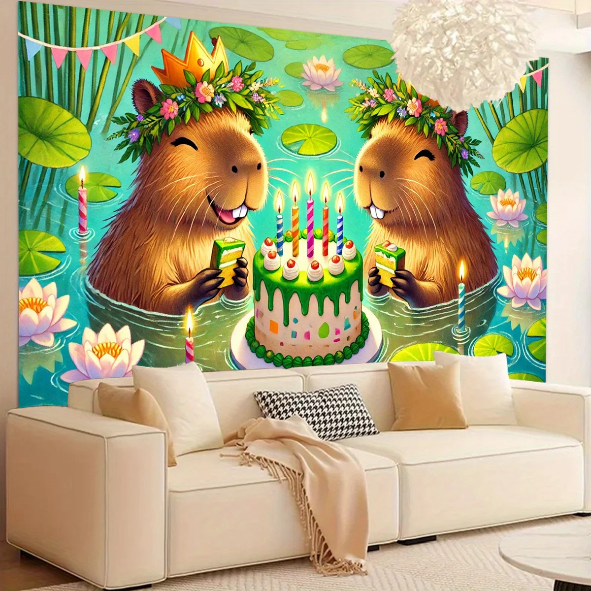 Ein Stück, ein Capybara feiert zum Geburtstag, ein süßer Polyester-Hintergrundstoff mit Capybara-Motiv, Dekoration mit Tiermotiv