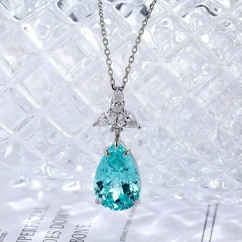 

RUIF Fine Pear Shape 9.53ct Lab Grown Paraiba Sapphire Pendant Necklace S925 Silver Jewelry Engagement Gift Women