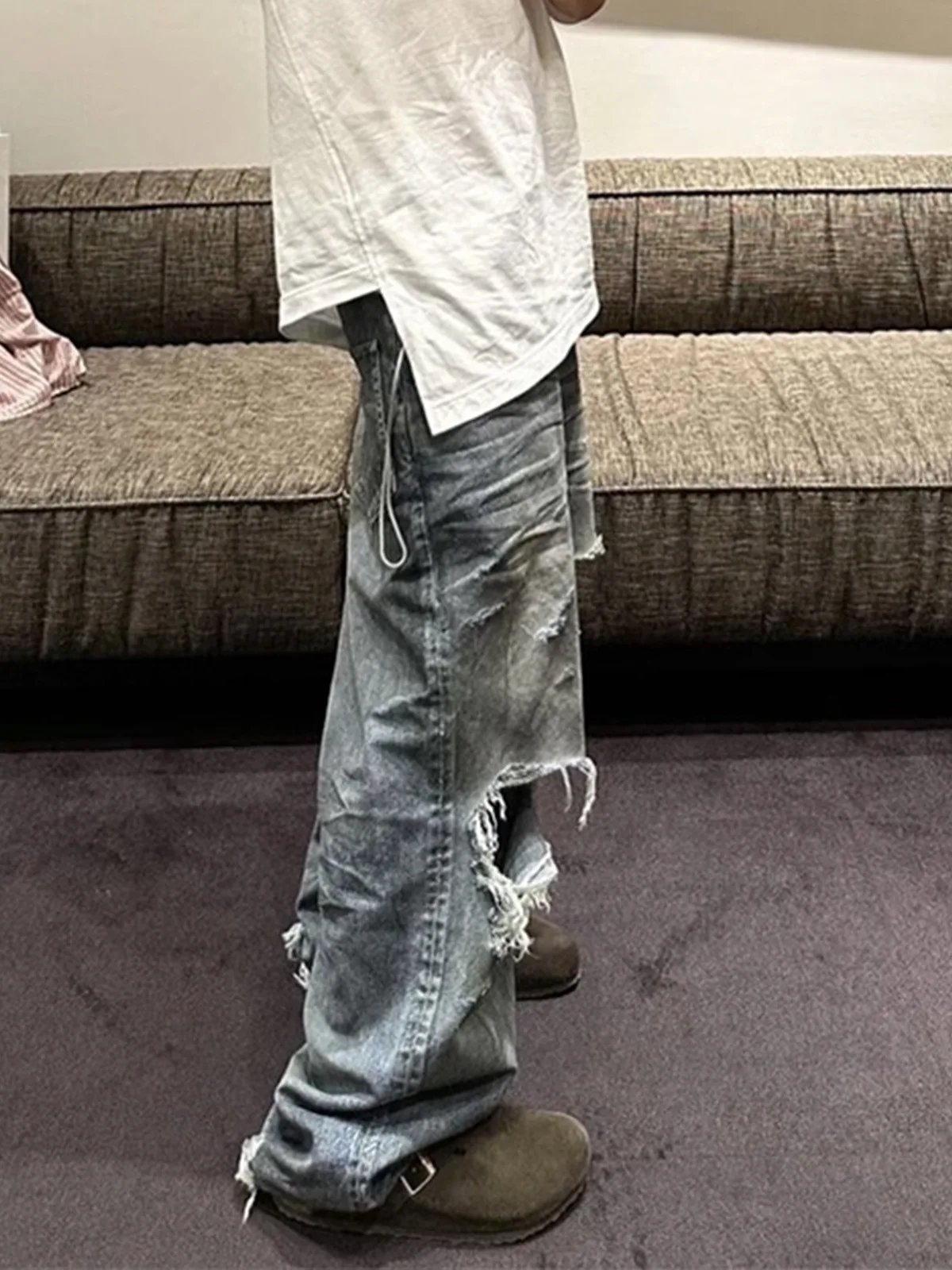 MIJKO High Street للجنسين بنطال جينز ممزق عتيق مغسول وواسع الساق للرجال والنساء #2