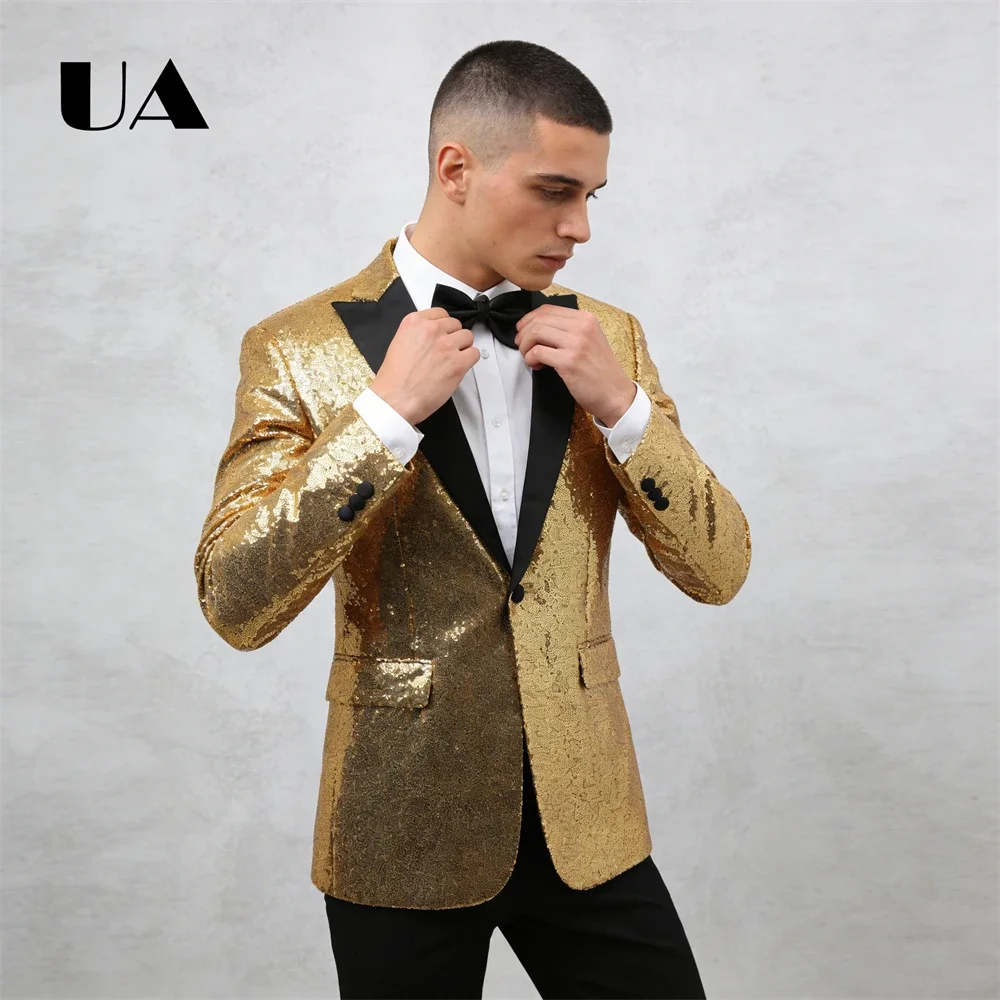 

Мужской пиджак с золотыми пайетками, однобортный, с черным отложным воротником, приталенный крой, ULBYANRY 2026 Новинка