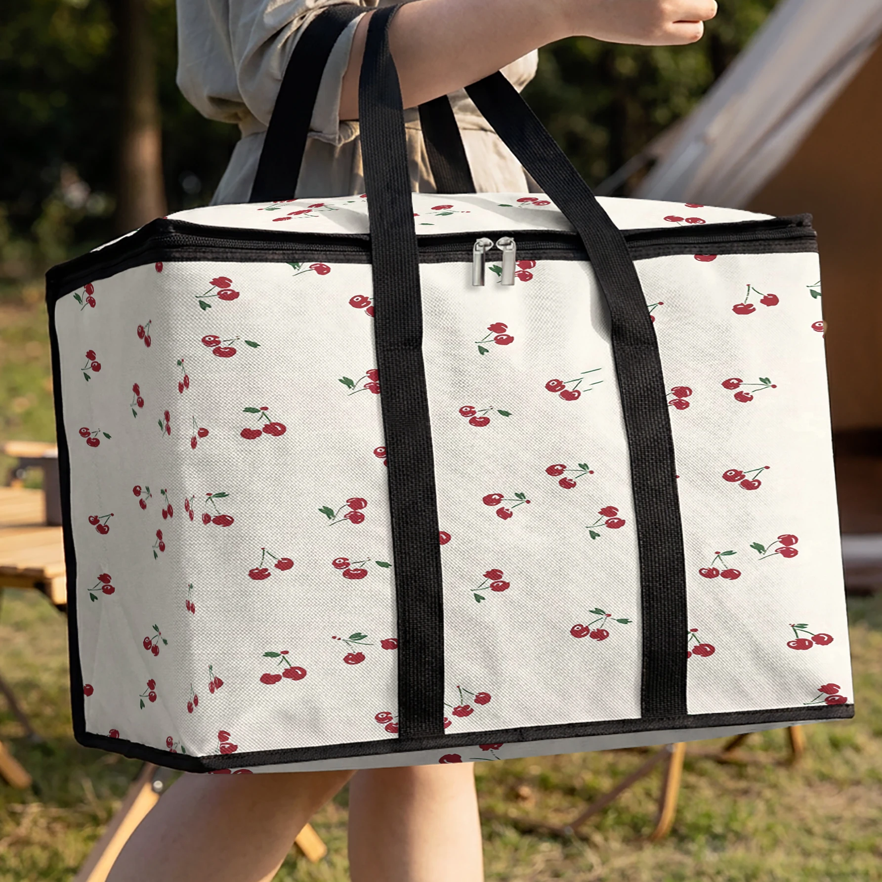 Cherry Fruit Print Insulated Cooler Box Large Capacity Thermal Bag For Picnic Beach Camping Travel