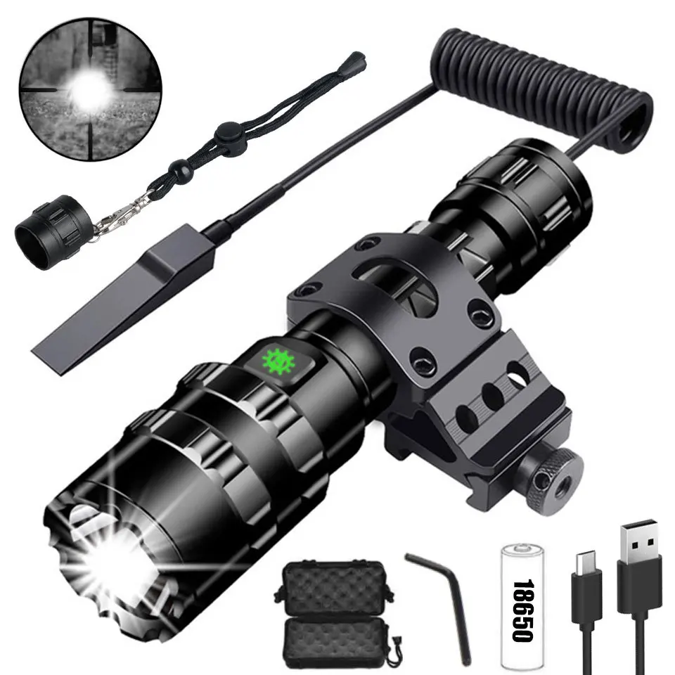 

Tactical Flashlight 1600Lumens USB Rechargeable High power Torch Waterproof Hunting Light with Clip Hunting Shooting Accessories