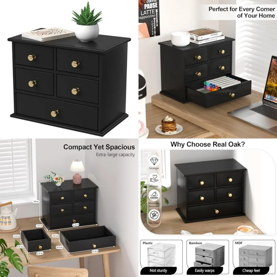 

Oak Desk Organizer with Drawers, Durable Wooden Desktop Storage Box with Metal Handles and Non-Slip Silicone Pads, 5 Drawer Tab