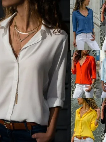 

Women's Long Sve Pure Color Collar Button up irt Chiffon Top European Sle Straight Cut Regular Thin for Daily Wear