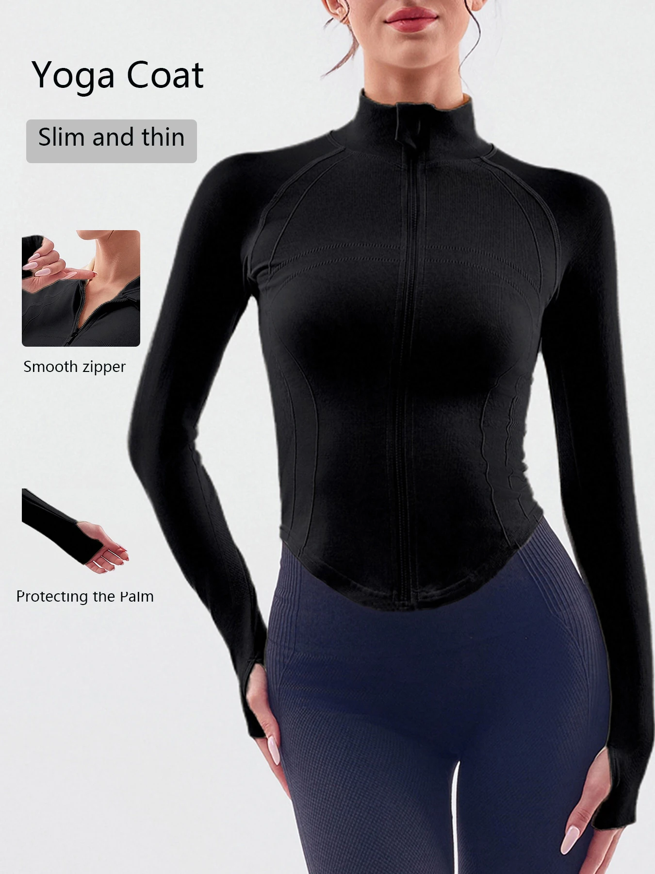 Leichte Damen-Laufjacke mit durchgehendem Reißverschluss, Workout, schmale Passform, Yoga-Sportbekleidung mit Daumenloch