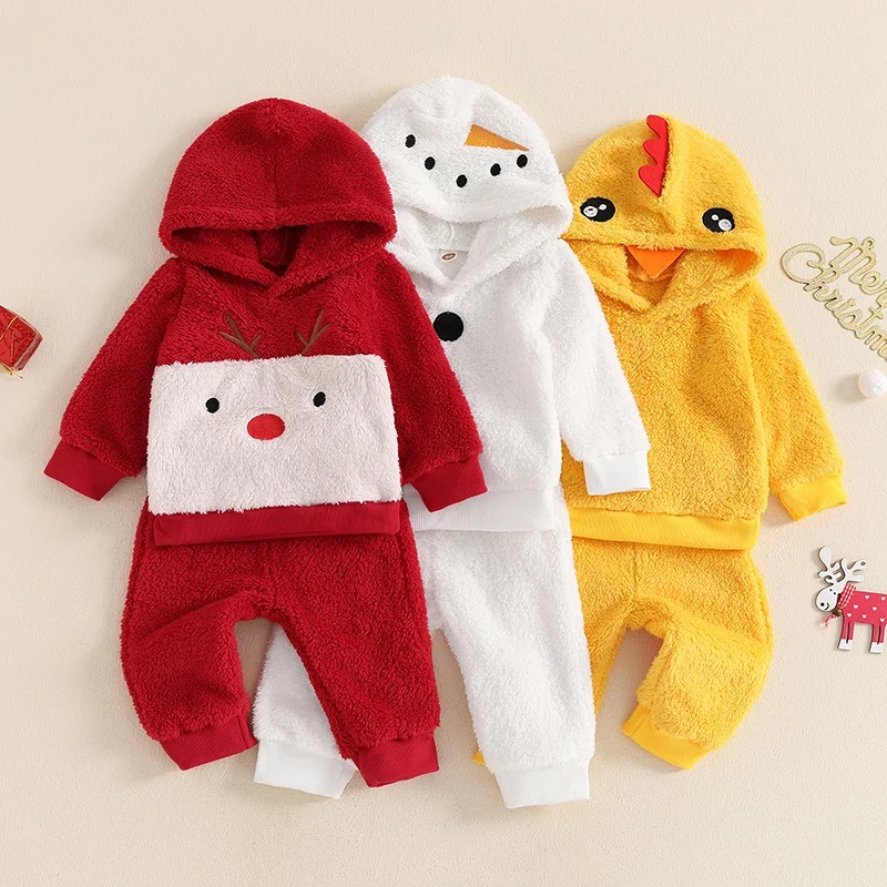 Baby 2Pcs Winter Outfits Long Sleeve Fleece Chick Hoodie Tops Trousers Set Toddler Baby Warm Winter Clothes Set