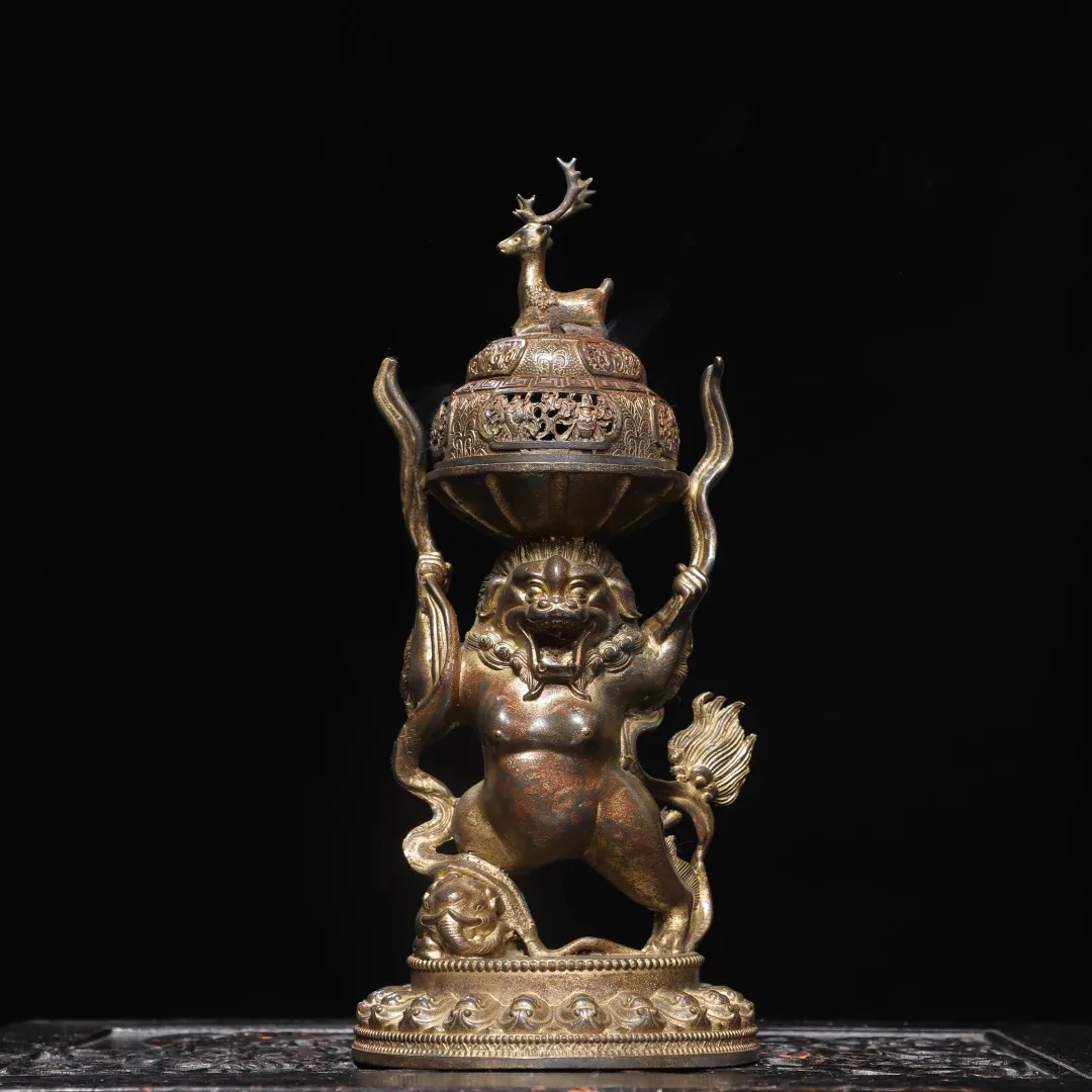 Old copper Qing Dyansty copper censer hercules Buddha Statue, Free shipping
