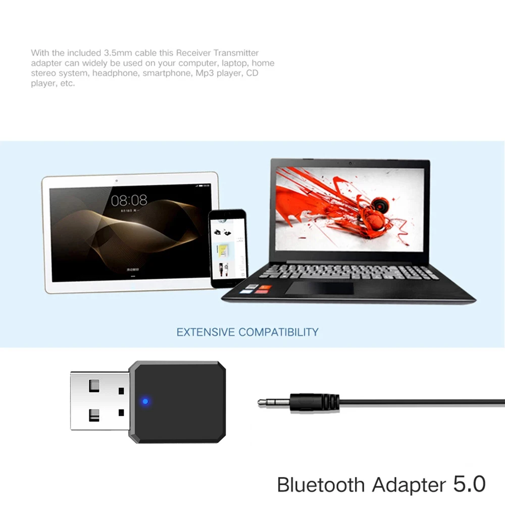 Bluetooth-compatible 5.1 Audio Receiver Dual Output AUX USB Stereo Car Hands-free Call Built-in Microphone Mic Wireless Adapter