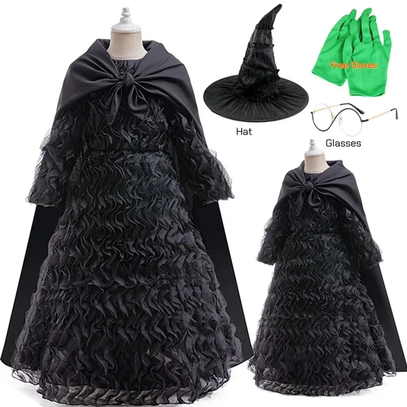 

Wicked Elphaba Costume Witch Cosplay Black Ruffled Dress Cloak Gloves Pointed Hat Halloween Outfit for Girls